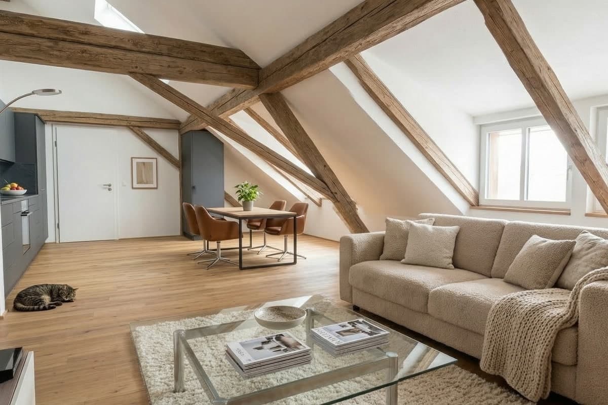 Umbau Bauernhaus Henggart — Wohnraum unter historischen Holzbalken