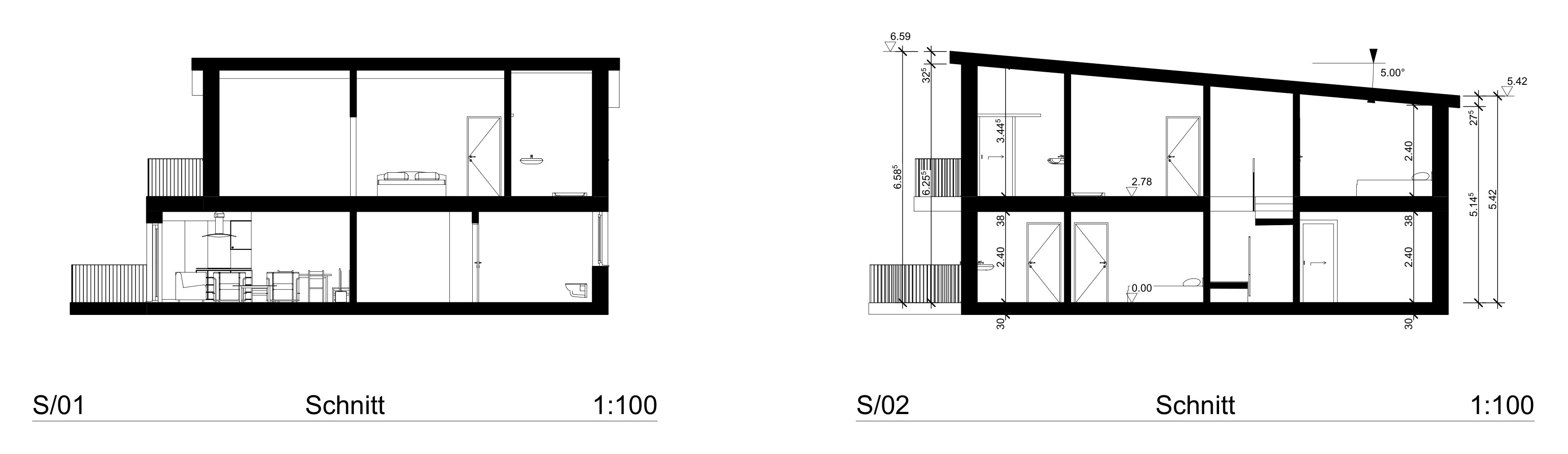 Schnitte S/01 und S/02 Neubau Einfamilienhaus mit Höhenkoten, Massstab 1:100